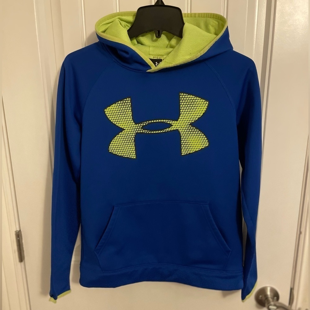 Under Armour hoodie blue with green Youth LG UNDER ARMOR LOGO ON CHEST & HOOD